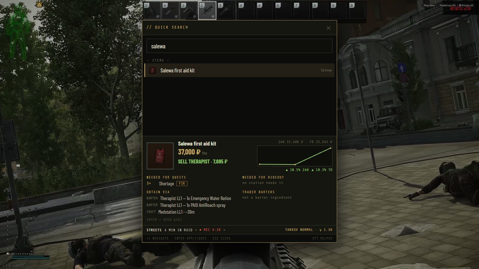 Quick search open over Escape from Tarkov, showing an item card