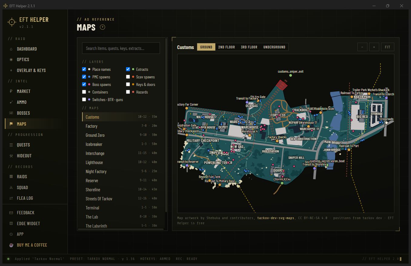 In-app map of Customs with markers