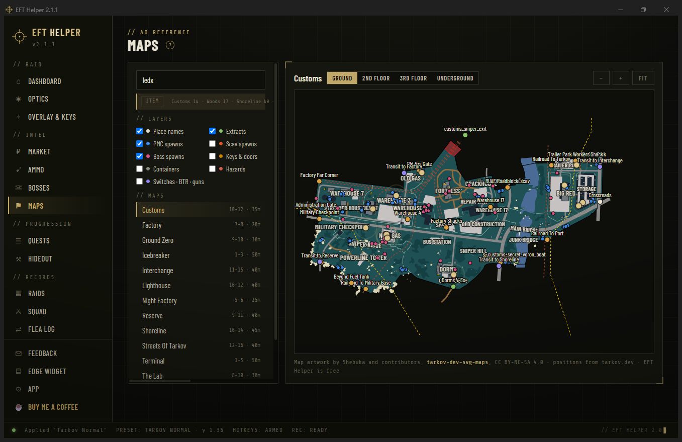 Customs with LEDX spawn points highlighted after a search