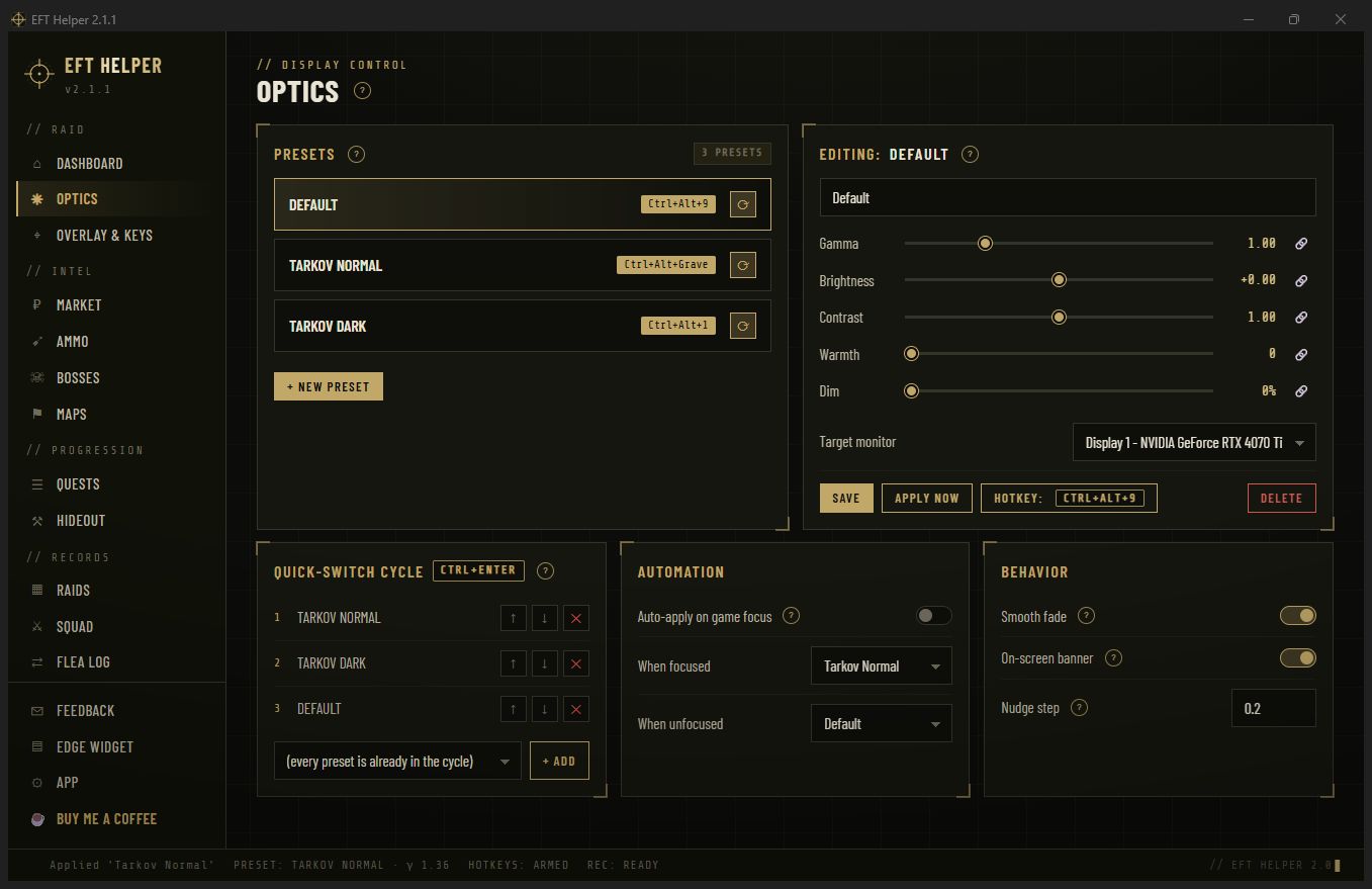 Optics page with presets, the editor and automation