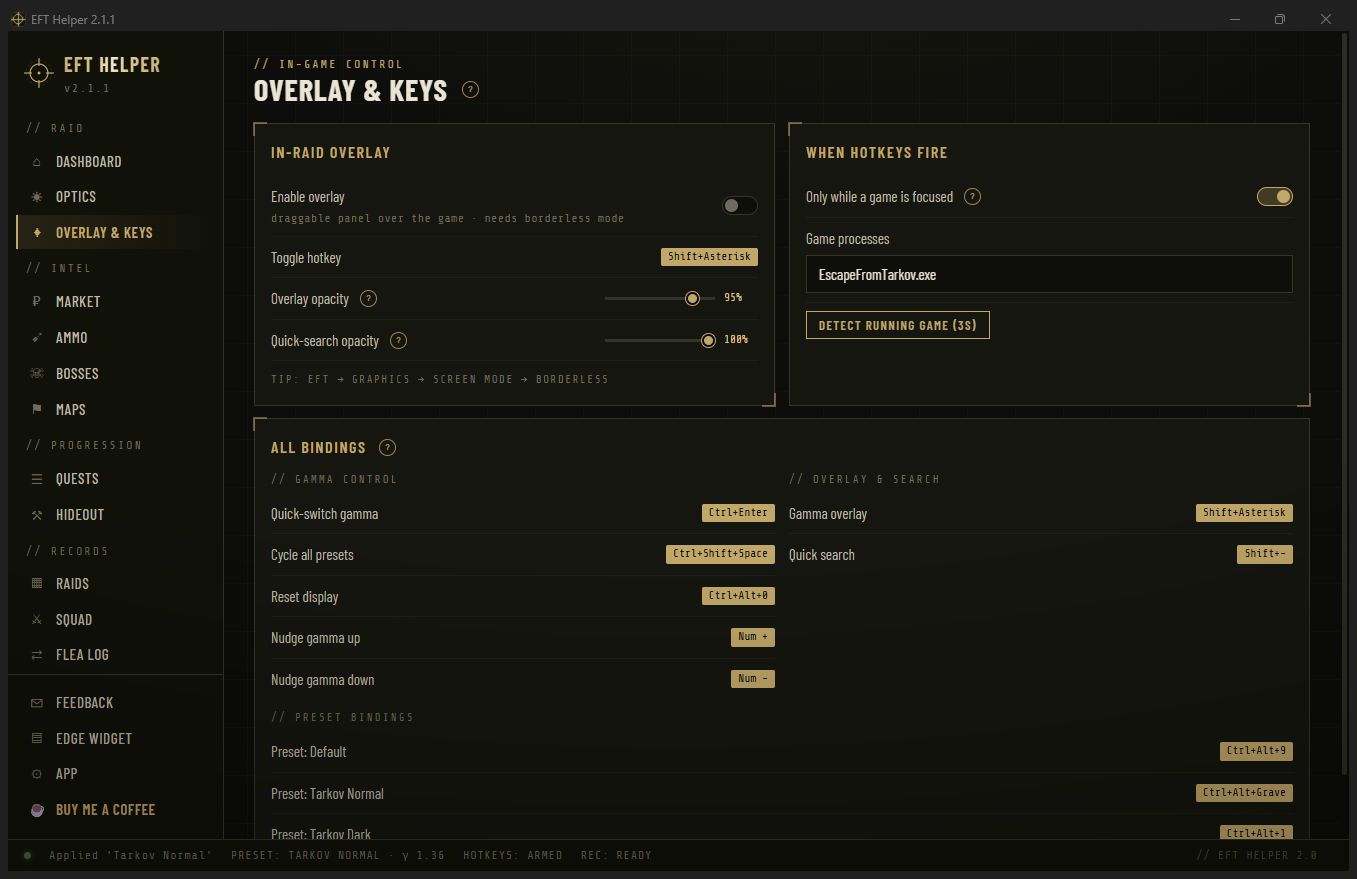 Overlay and keys page with all bindings