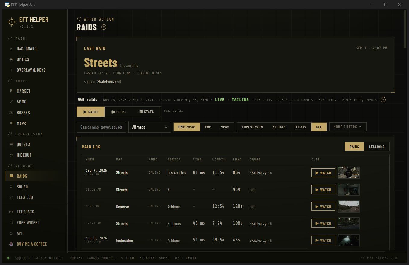 Raid log table with filters