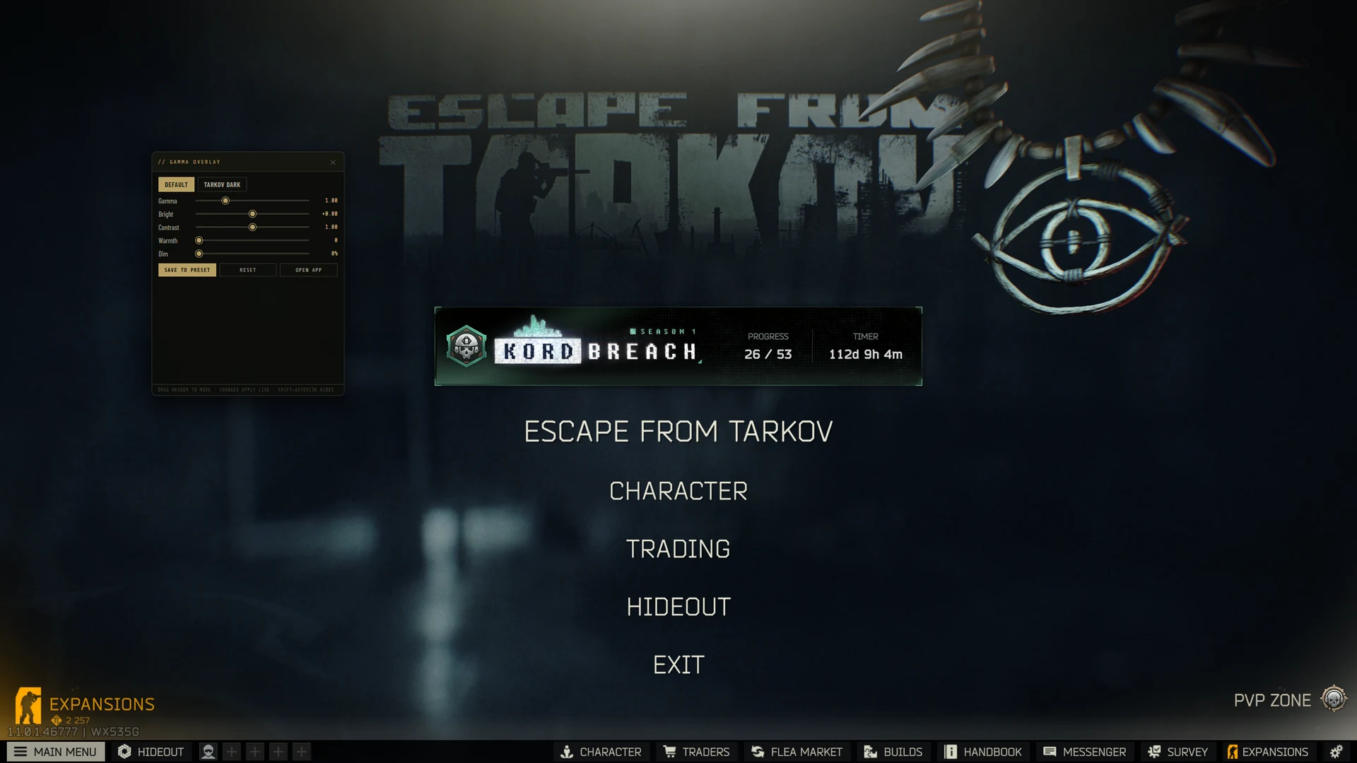 The gamma overlay panel open over Escape from Tarkov